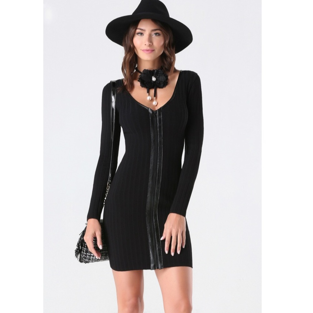 Bebe Black Front Zip Ribbed Stretch Dress